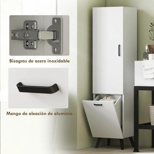 Armario Alto para Baño con Puertas y Estantes Cesto para Ropa Sucia en Espacios Reducidos 35x31,5x144 cm Blanco [4]
