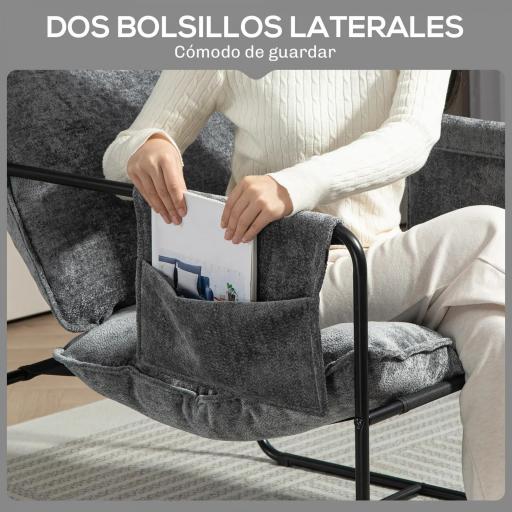 Butaca Moderna para Relax con Tapizado en Chenilla Estructura de Acero y Reposabrazos con Bolsillos 68x76x81 cm Gris [7]