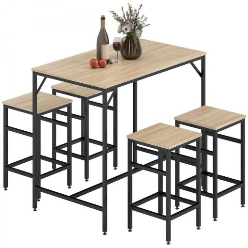 Set de Mesa Bar y 4 Taburetes Muebles Altos con Mesa de 100x60x88 cm y Taburetes de 32x32x57 cm Negro y Roble [9]
