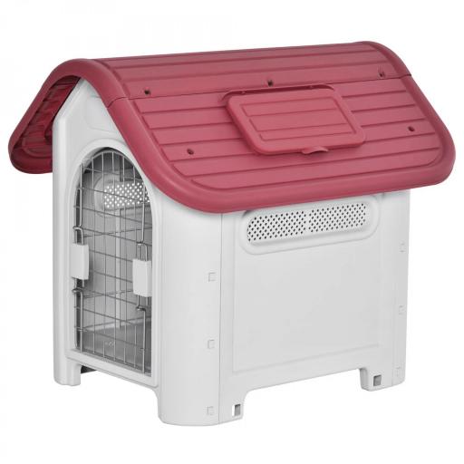 Caseta para Perro con Puerta Extraíble Base Elevada 3 Respiraderos y Ventana Abrible Caseta de Perros para Interior y Exterior 59x75x66 cm Gris Rojo [8]