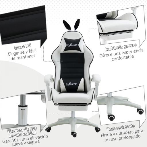 Silla Gaming Profesional de Cuero PU con Altura Ajustable Inclinable 135° Reposacabezas 65x63x136-142 cm Negro y Blanco [6]