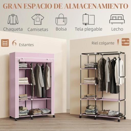 Armario de Tela con Ruedas Ropero Portátil con 6 Estantes y 1 Barra de Colgar para Dormitorio 103x43x162,5cm Rosa [6]