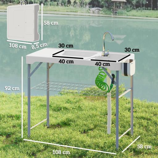 Mesa Plegable para Camping con 2 Fregaderos Manguera de Drenaje Estación de Limpieza y Grifo Blanco [3]