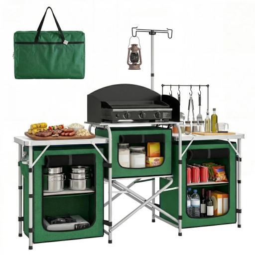Mueble de Cocina para Camping Plegable con 3 Mesas 4 Ganchos Poste de Luz y Bolsa de Transporte 172x48x130 cm Verde [8]