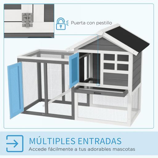 Jaula para Conejos con Zona Abierta Techo Asfáltico Bandeja Extraíble y Rampa para Exterior 123,5x62,6x92,5 cm Gris [3]