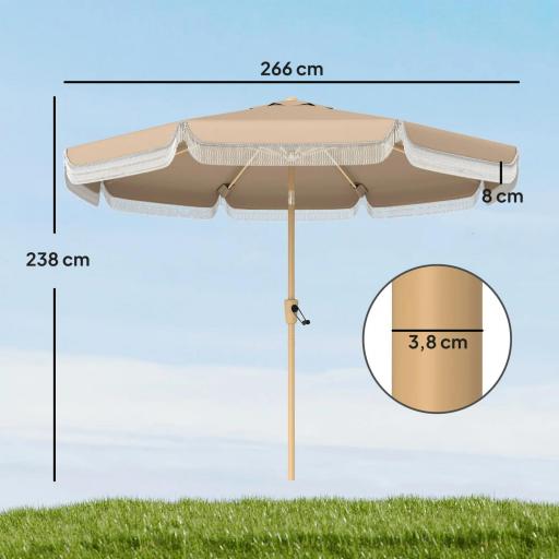 Sombrilla de Jardín Ø266x238 cm con Ángulo Ajustable Manivela y Toldo con Flecos Decorativos para Patio Terraza Caqui [1]