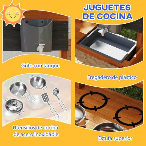 Arenero de Madera para Niños con Techo Regulable con Juguetes de Cocina Juego para Niños 3-7 Años 114x110x110 cm Marrón [2]