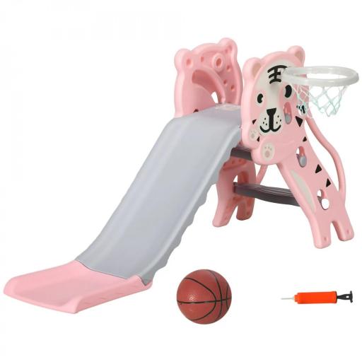 Tobogán para Niños de 18 a 36 Meses con 2 Escaleras 1 Canasta de Baloncesto y Patrón de Tigre 133x60x70 cm Rosa y Gris [10]