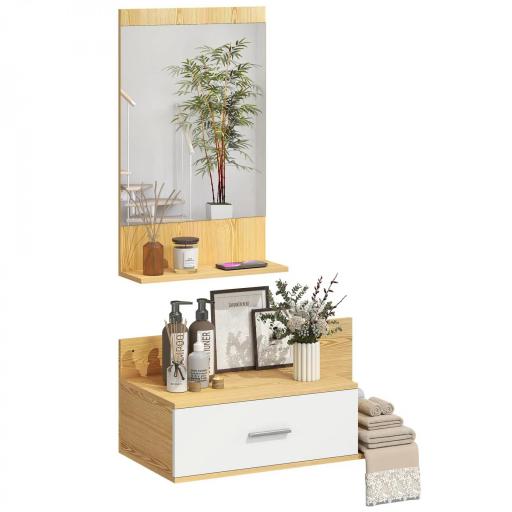 Conjunto de Recibidor de Entrada de Pared con Espejo y Almacenaje Espejo con Cajón y 2 Estantes Abiertos Madera Natural [8]