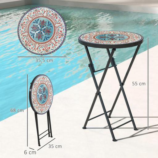 Mesa Auxiliar Redonda de Jardín Plegable con Encimera de Mosaico y Almohadillas Antideslizantes Ø35,5x55 cm Multicolor [1]