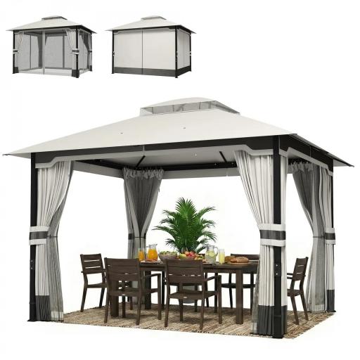 Carpa para Jardín con Techo Doble Cenador con 4 Paredes y Mosquitera para Exterior Terraza 360x300x279 cm Gris Claro [9]
