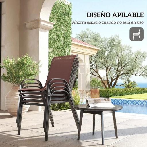 Set de 4 Sillas de Exterior Apilables Asiento de Malla Respaldo Alto y Marco de Acero para Jardín Marrón Oscuro y Negro [3]