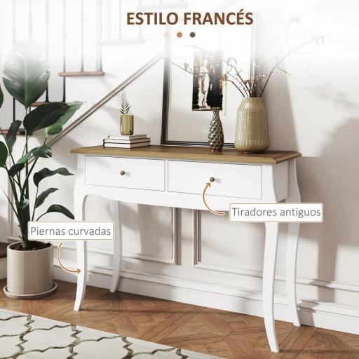 Mesa de Consola con 2 Cajones Estilo Francés para Pasillo Dormitorio Salón 100x35x76,5 cm Blanco y Marrón Oscuro [7]