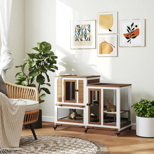 Conejera de Madera de 2 Niveles Jaula para Conejos con Ruedas Escaleras y Bandejas Extraíbles 110x50x86 cm Marrón