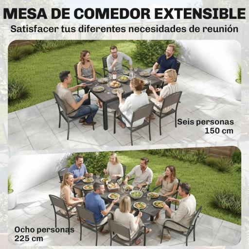 Conjunto de Mesa y Sillas Jardín con Mesa Extensible Marco de Aluminio 8 Sillas y Tablero de Lamas de Madera Plástica [6]