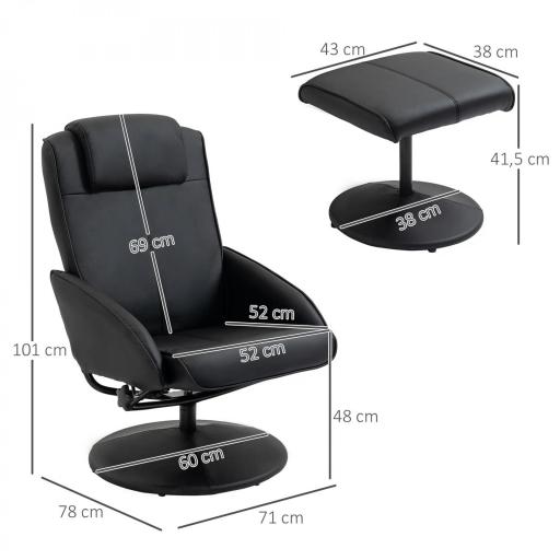 Sillón Reclinable con Reposapiés con Tapizado en PU y Estructura de Acero Carga 120 kg Negro [1]