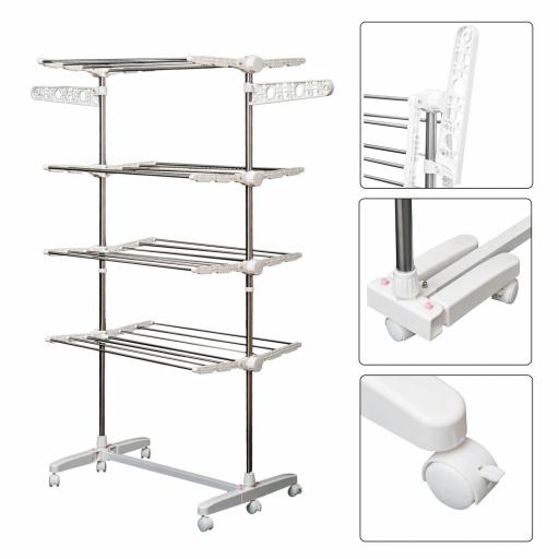 Tendedero de Ropa Plegable 80x55x172 cm con 6 Ruedas y 4 Estantes con Altura Regulable de Acero Inoxidable Plateado [2]