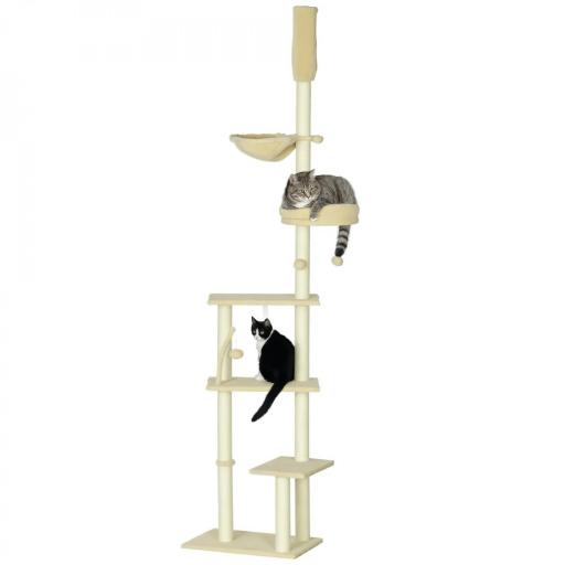 Árbol para Gatos de Suelo a Techo de 230-250 cm con Altura Ajustable Múltiples Plataformas Cestos Hamaca Bolas Beige [10]