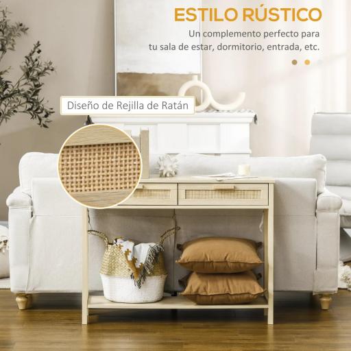 Mesa Consola Mesa de Entrada con 2 Cajones de la Superficie de Ratán y Estante Inferior para Pasillo Salón Dormitorio de Estilo Rústico 100x30x76 cm Natural [5]