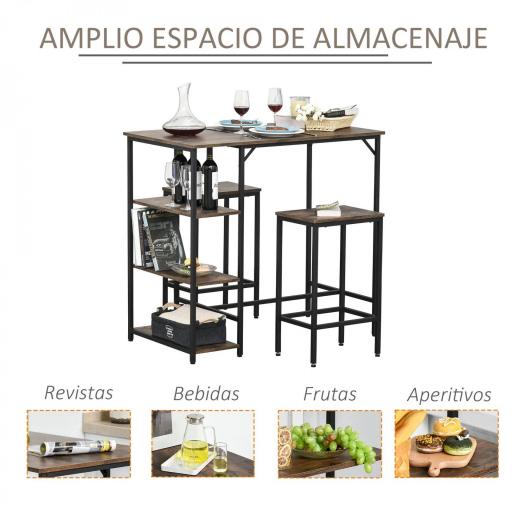 Set de Mesa de Bar y 2 Taburetes con Reposapiés y Estantes de 3 Niveles Almohadillas 109x60x100 cm Marrón Rústico [2]