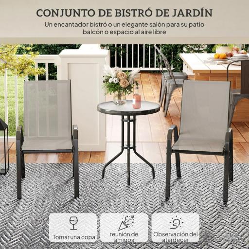 Conjunto de Jardín de 3 Piezas con Mesa Redonda Encimera de Vidrio y Sillas Apilables para Exteriores Gris Claro [3]