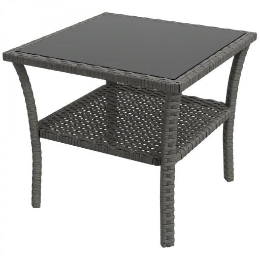 Mesa de Jardín de Ratán PE Cuadrada 50x50x45 cm con Estante Encimera de Cristal y Marco de Acero Carga 30 kg Gris [8]