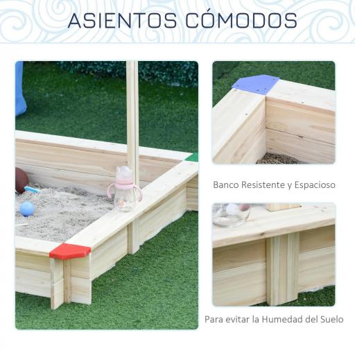 Arenero de Madera para Niños con Techo Cajón de Arena Toldo Ajustable Espacioso 120x120x120 cm para Jardín Exterior al Aire Libre Color Madera Natural [3]