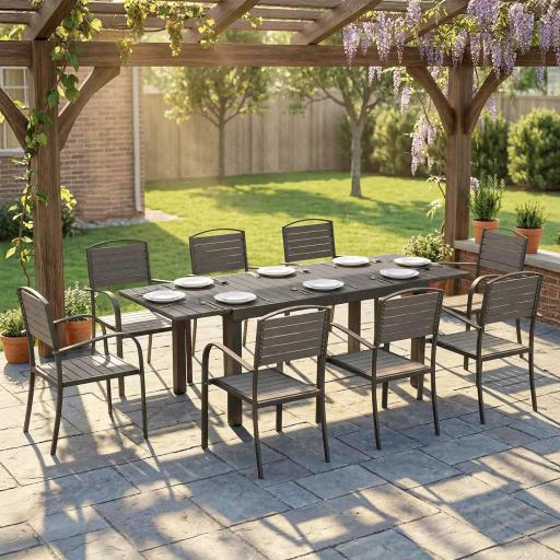 Conjunto de Mesa y Sillas Jardín con Mesa Extensible Marco de Aluminio 8 Sillas y Tablero de Lamas de Madera Plástica [5]