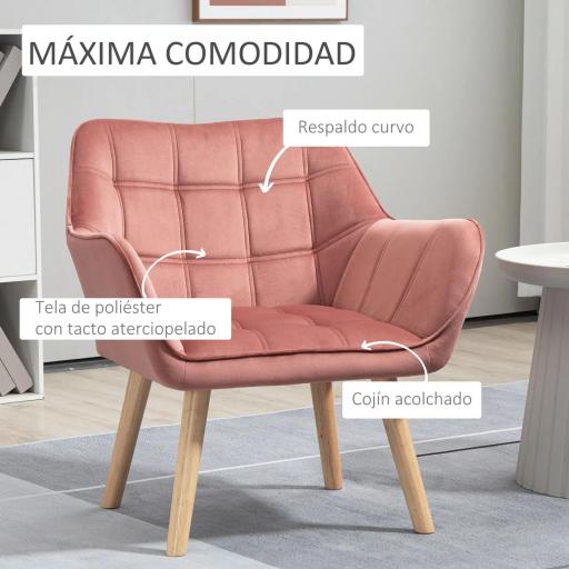 Butaca de Salón Moderna Tapizado en Terciopelo con Asiento Ancho Patas de Madera Sillón Relax para Sala de Estar Rosa [2]