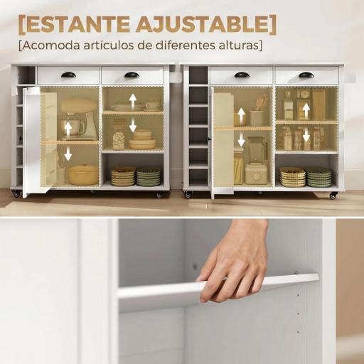 Isla de Cocina con Ruedas Tapa Abatible Especiero Toallero Armario 2 Cajones 117,5x70x91 cm Blanco [8]