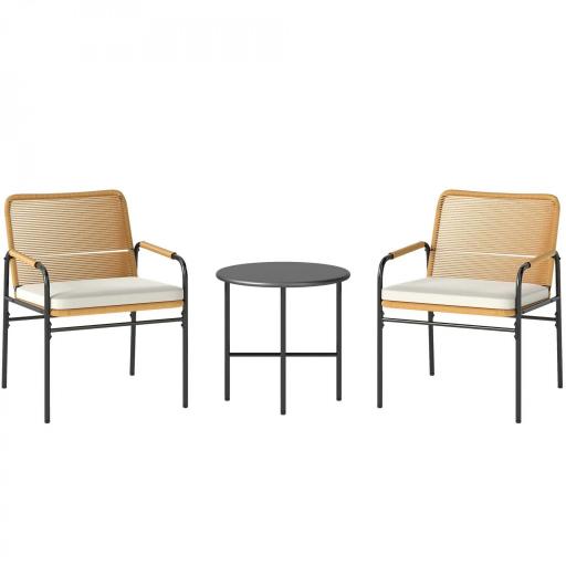 Conjunto de Muebles de Jardín de Ratán Sintético con 2 Sillas con Cojines Extraíbles y Mesa con Tablero de Metal Natural [9]