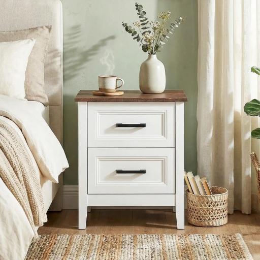 Mesilla de Noche con 2 Cajones Estilo Rústico Mesita para Salón Dormitorio 45x30x50 cm Blanco [2]