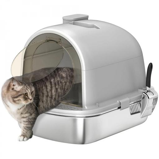 Arenero para Gatos de Acero Inoxidable con Cubierto Bolsa Desodorizante Pala Fácil de Limpiar 52,4x41,3x39,9 cm Gris [8]