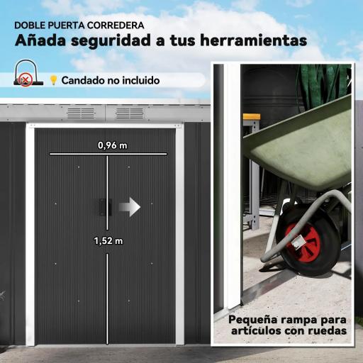 Caseta de Exterior 280x130x172 cm Cobertizo de Jardín con Puertas Correderas Base y Ventilaciones Gris Oscuro [5]