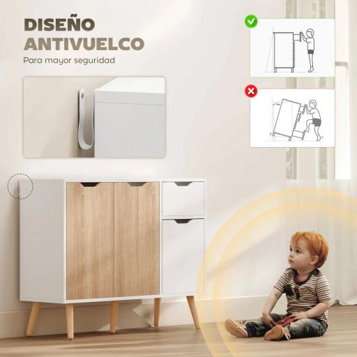 Aparador Moderno Aparador para Salón con 3 Puertas y Cajón Mueble Auxiliar para Salón Cocina Dormitorio 90x30x72 cm Blanco y Natural [5]
