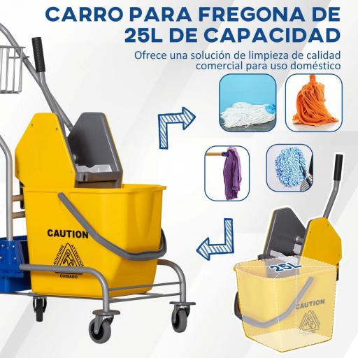 Carro de Limpieza con Cubos de Fregona de 25L Escurridor Cubeta y Estantes para Hotel Oficina 72x49,5x95 cm Amarillo [3]