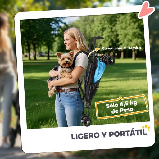 Cochecito para Perros Pequeños con Estructura de Paraguas con Cojín Lavable Portavaso Ventanas de Malla y Bolsa Azul [2]
