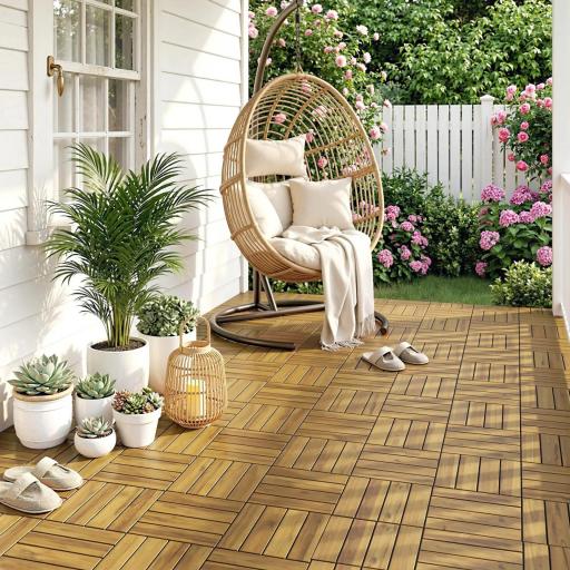 Set de 10 Piezas Baldosas de Exterior de Madera 31x31 cm 0,91 m² Suelo de Jardín Exterior Antideslizantes Natural [5]
