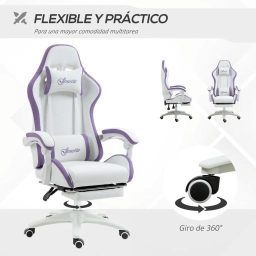 Silla Gaming Silla Gamer de Cuero PU Altura Ajustable Reclinable 135° Reposacabezas y Reposapiés 65x65x121-129 cm Blanco [3]