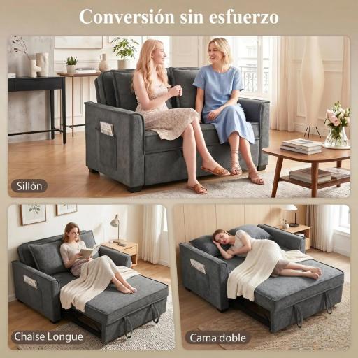 Sofá Cama 2 Plazas 3 en 1 con Respaldo Ajustable Bolsillos Laterales 2 Almohadas para Sala de Estar Gris Oscuro [8]