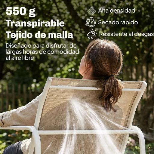 Conjunto Jardín Exterior de 4 Piezas con Sofá de 2 Plazas 2 Sillones Mesa de Vidrio Templado Tela Textilene Caqui [6]