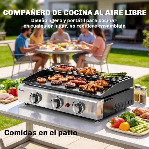Barbacoa de Gas con 3 Quemadores 7,5 kW Barbacoa Portátil con Plancha Rejilla Calentadora y Recogedor Grasa Negro [6]