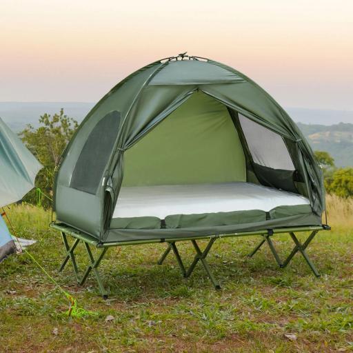 Cama Doble de Camping Plegable con Tienda de Campaña 4 en 1 Cama de Campamento Elevada con Colchón Hinchable y Bolsa de Transporte Tela Oxford Acero 193x145x180 cm Verde [10]