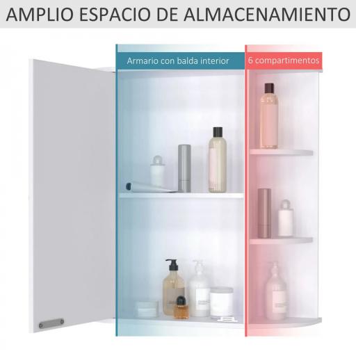 Armario de Baño con Espejo Mueble Colgante de Aseo con 1 Puerta 2 Estantes Interiores y 6 Estantes Laterales para Salón Cocina Dormitorio 66x17x63 cm Blanco [9]