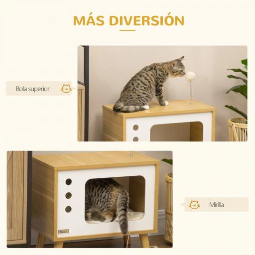 Cama Cueva para Gatos Estilo Televisor con Cojín Lavable y Bola de Juguete 50x28x43 cm Roble [2]