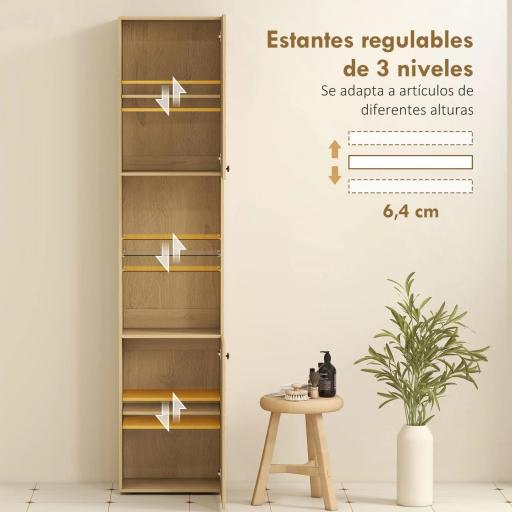 Armario de Baño Alto de 6 Niveles con 2 Puertas Estante de Vidrio Templado Estantes Ajustables 40x31x182 cm Roble [1]