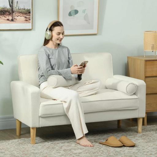 Sofá de 2 Plazas Tapizado en Terciopelo 130 cm con Asiento Capitoné y Patas de Madera para Espacios Pequeños Crema