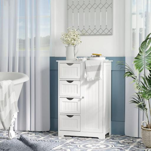 Armario Auxiliar de Baño Mueble para Baño con Puerta 4 Cajones y Estante Ajustable para Cocina Salón 56x30x83 cm Blanco