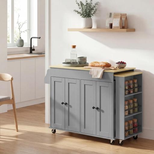 Isla de Cocina con Ruedas Encimera Extensible 4 Puertas Estantes Ajustables Especiero y Soporte para Toallas Gris [7]