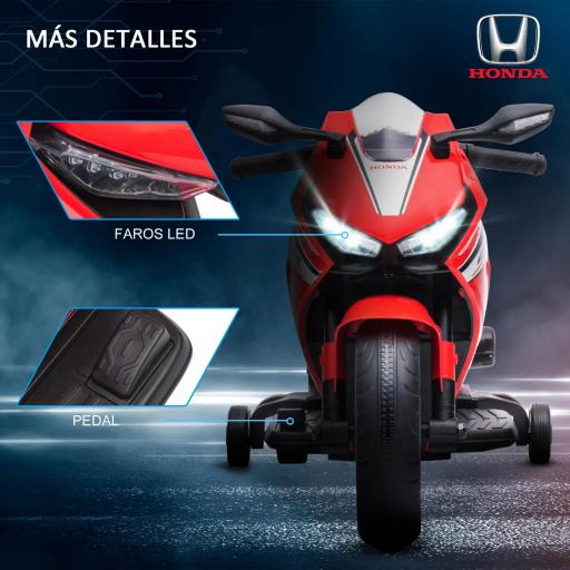 Moto Eléctrica con Licencia HONDA para 3-5 Años con Faros Bocina Música y Ruedas Auxiliares 90x44x52 cm Rojo [7]